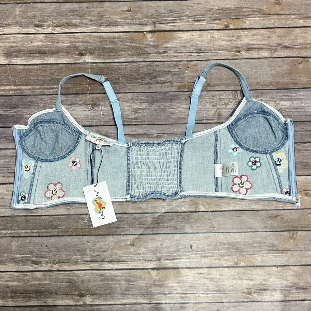 Easy Tiger Denim Flower Power Smiley Face Patches Zip Up Cropped Bustier XS NWT - Picture 5 of 8